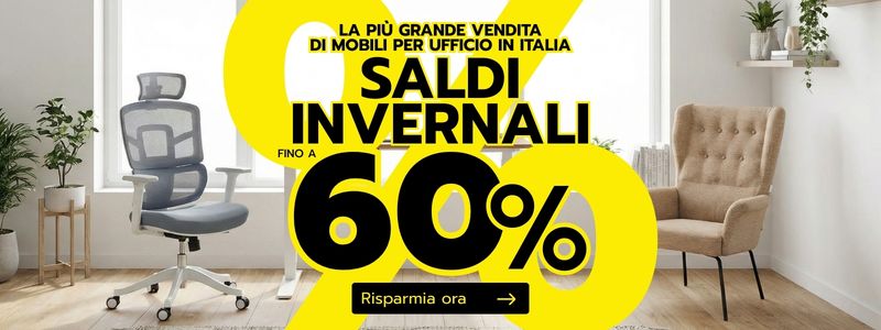 Winter sales with a large yellow percentage sign. An office chair and an armchair can be seen in the background.